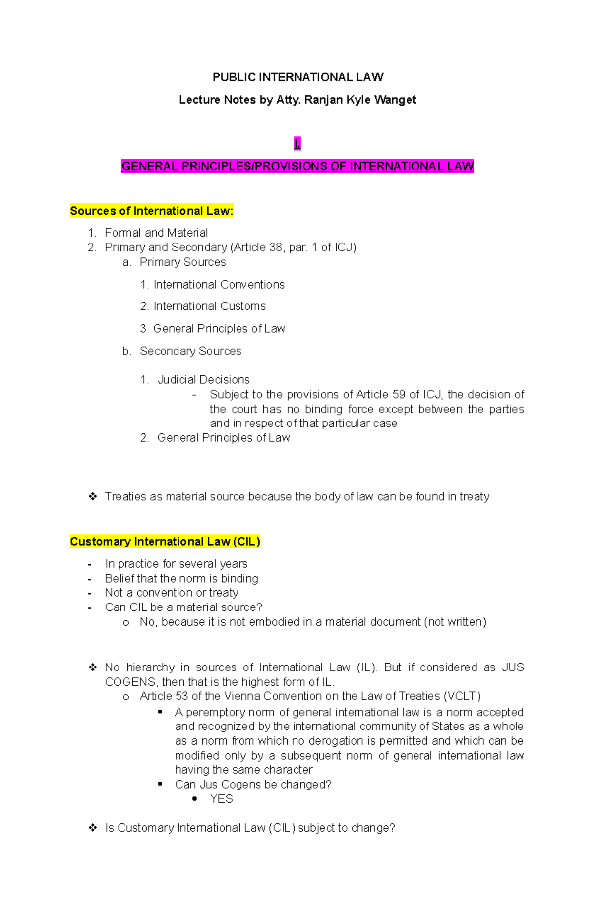 Public International Law (PIL) Lecture Notes by Atty. Ranjan Kyle ...