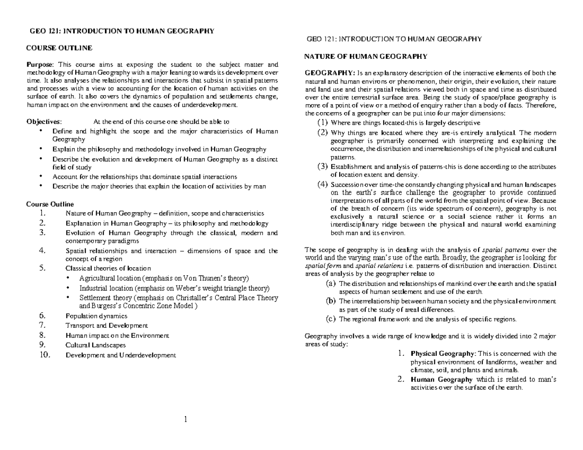 GEO121 - Human Geography Lecture Notes Overview and Key Concepts - Studocu