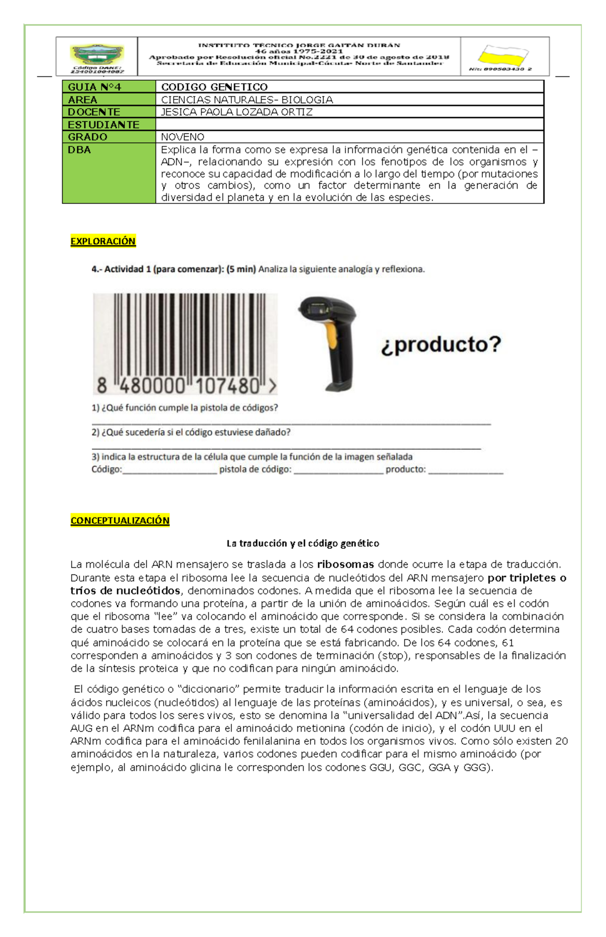 Código Genético y Traducción en Biología 9º - Guía de Estudio - Document Preview