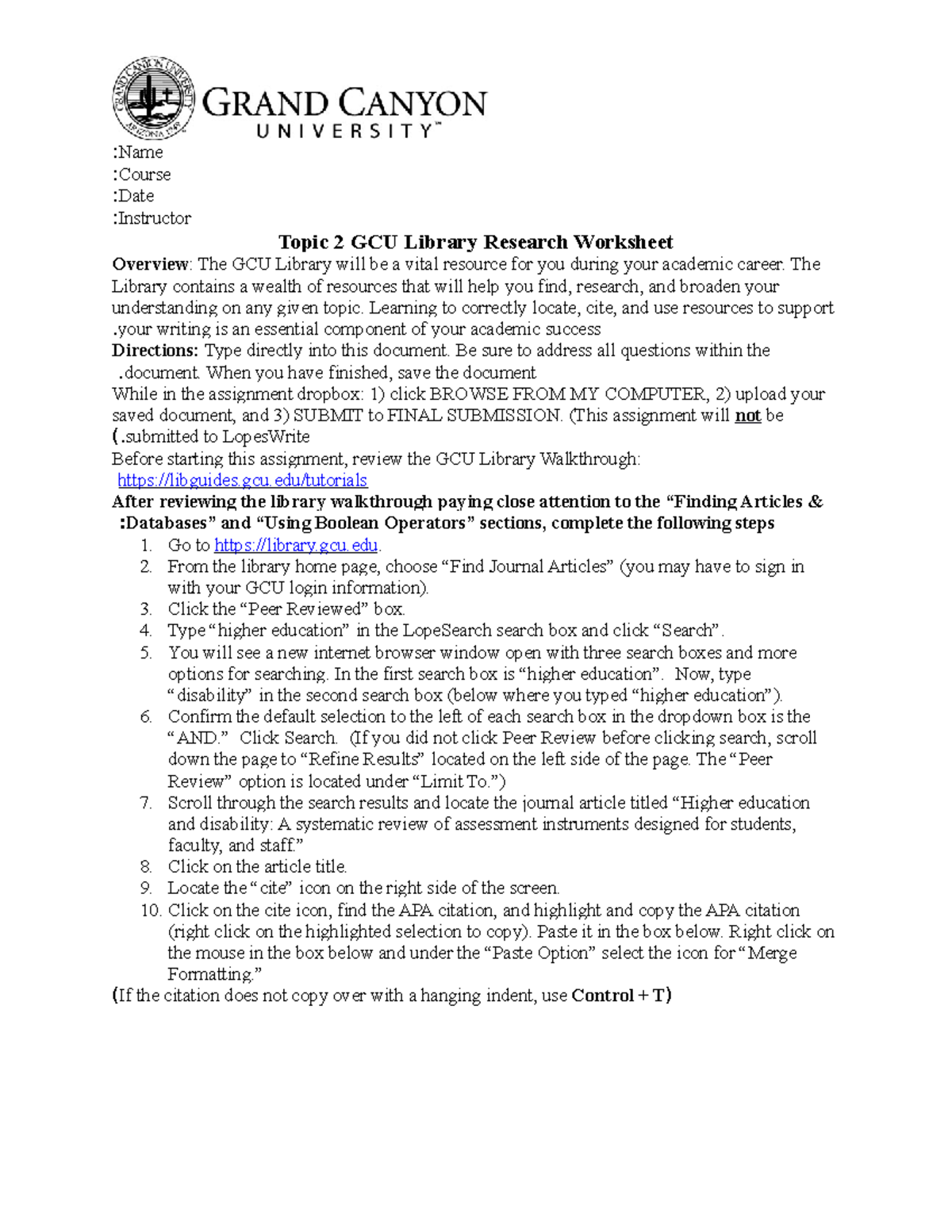 UNV103 GCU Library Research Assignment Guide and Worksheet - Studocu