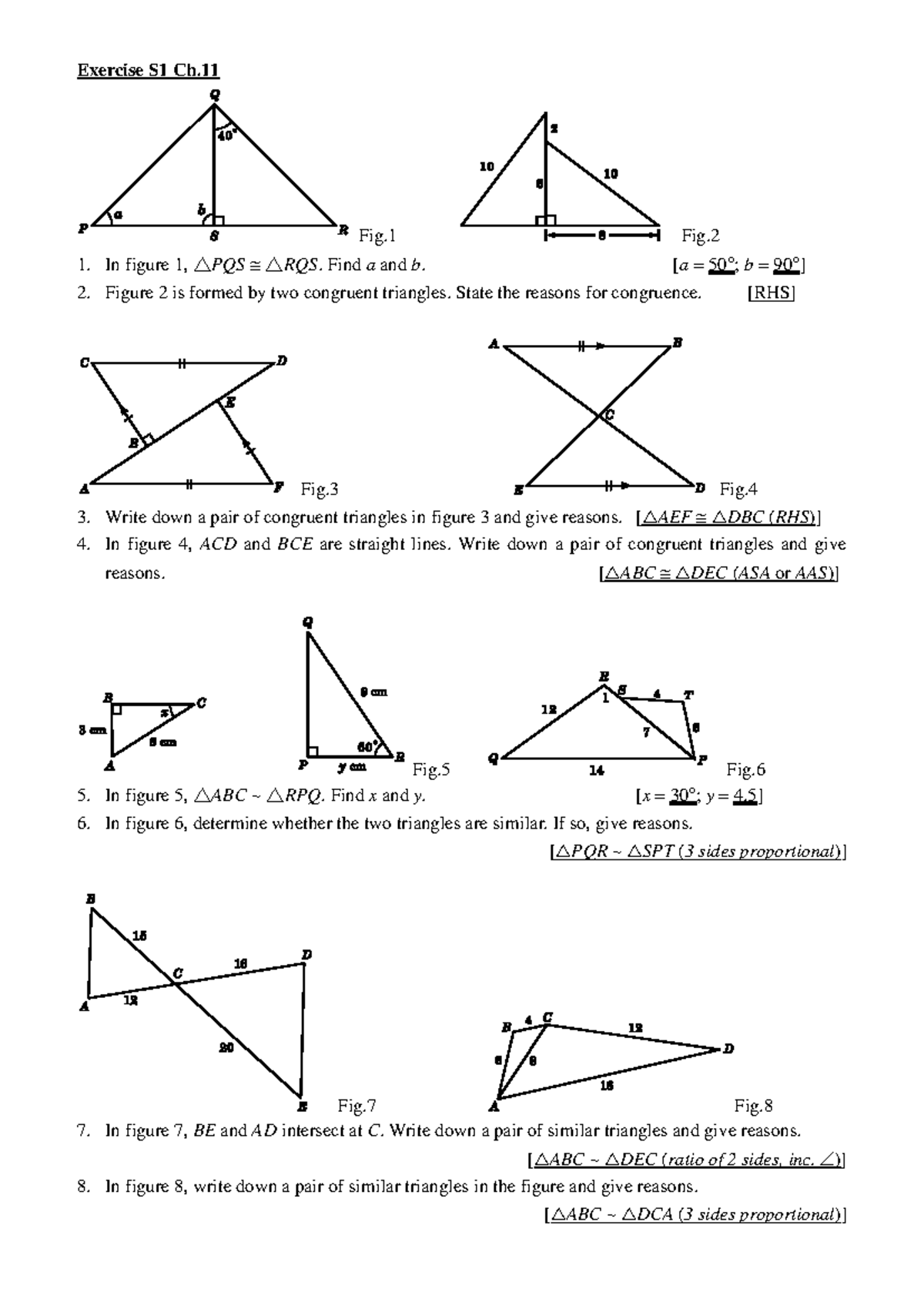 S1 Ch.11 Exercise: Congruence & Similarity in Triangles - Studocu
