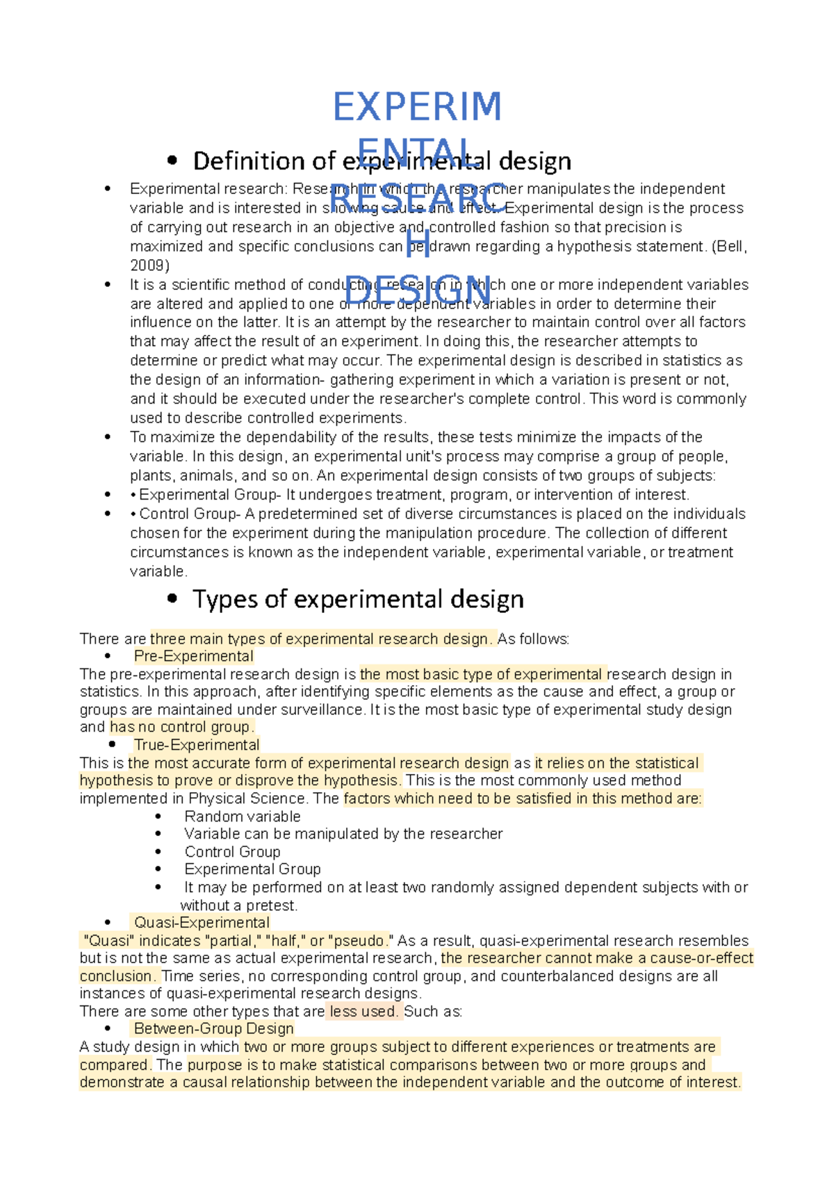 Experimental Design: Definition, Types, and Characteristics - Studocu