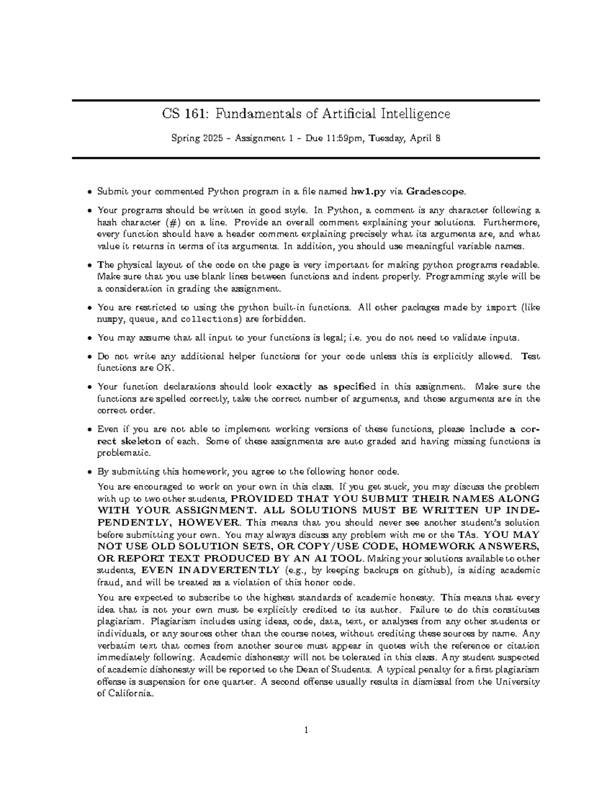 CS 161: AI Fundamentals Spring 2025 Assignment 1 Guidelines - Studocu