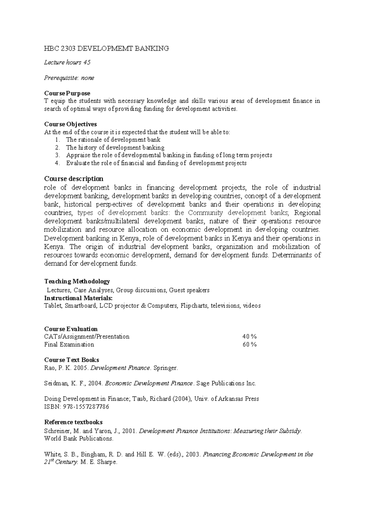 HBC 2303 Development Banking Lecture Notes and Course Overview - Studocu