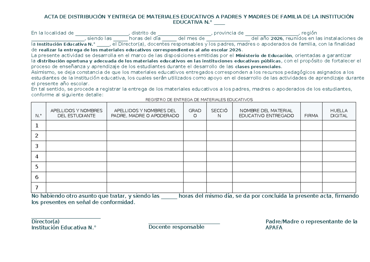 ACTA DE ENTREGA DE MATERIALES EDUCATIVOS 2026 - INSTITUCIÓN N - Document Preview