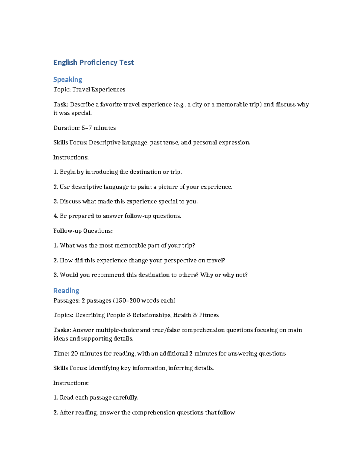 English Proficiency Test Guide: Speaking, Reading & Writing Tasks - Studocu