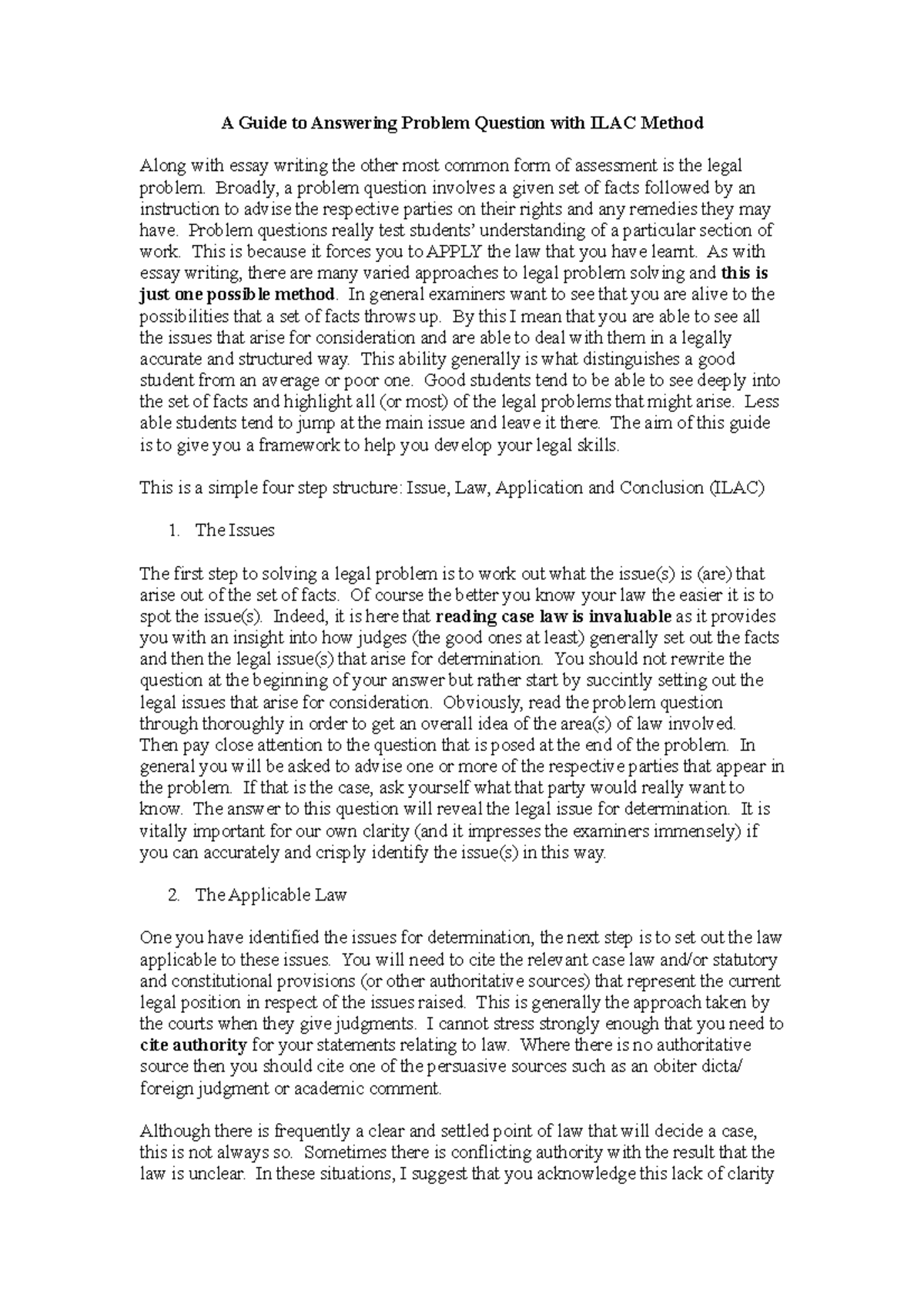 A Legal Guide to Answering Problem Questions Using ILAC Method - Studocu