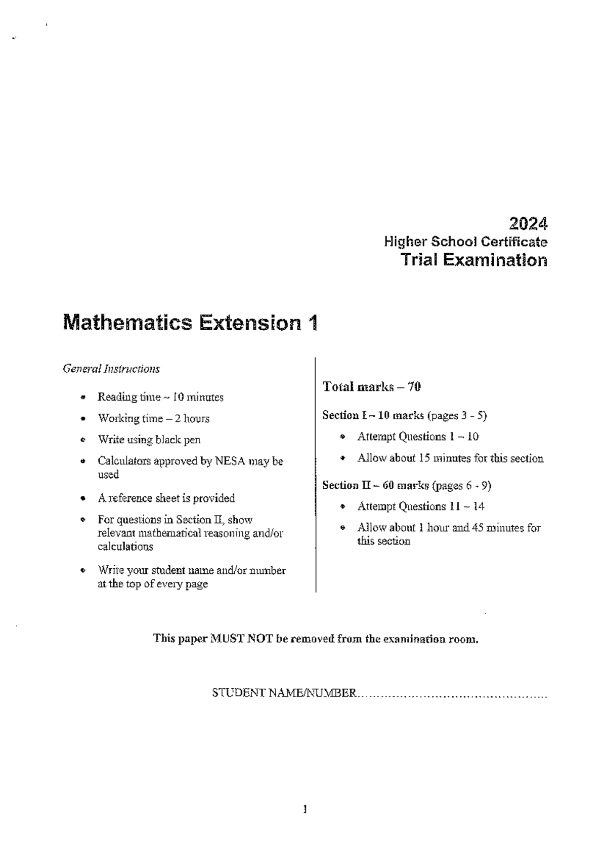 HSC Mathematics Extension 1 Trial Exam 2024 - General Instructions ...