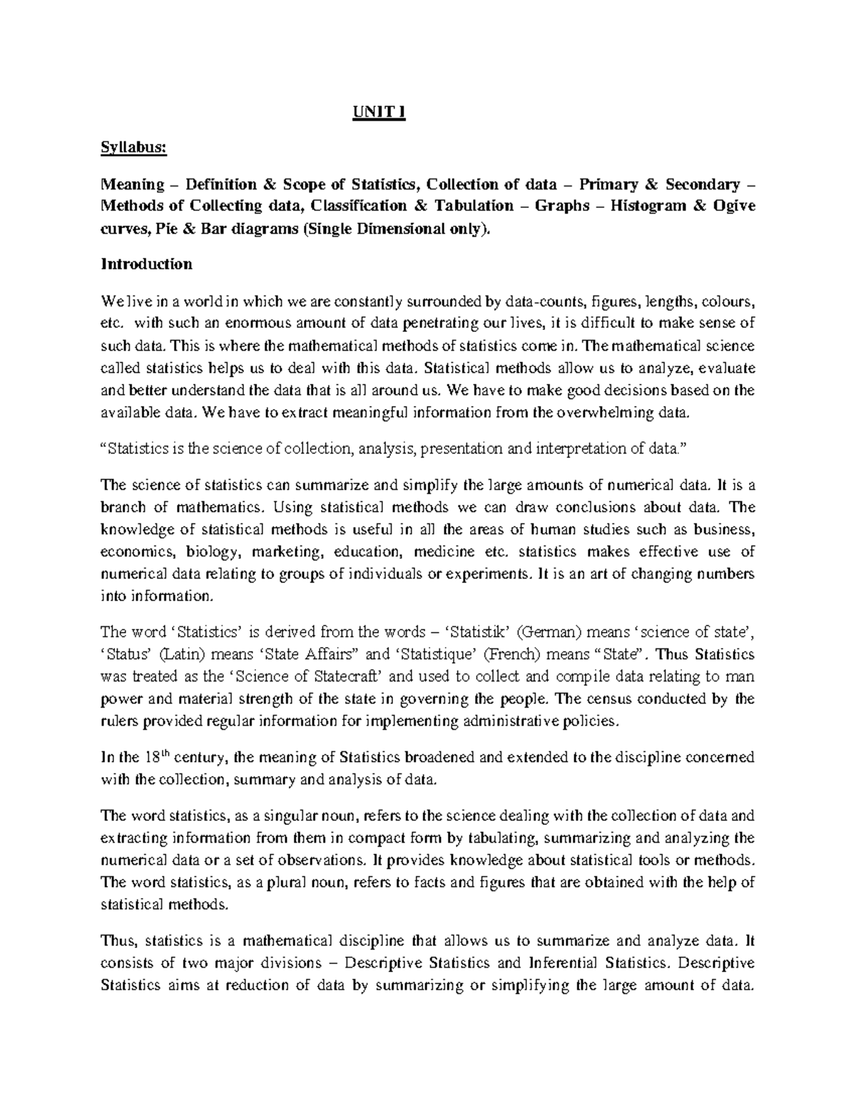 BS 101 Unit I Syllabus: Introduction to Statistics and Data Collection ...