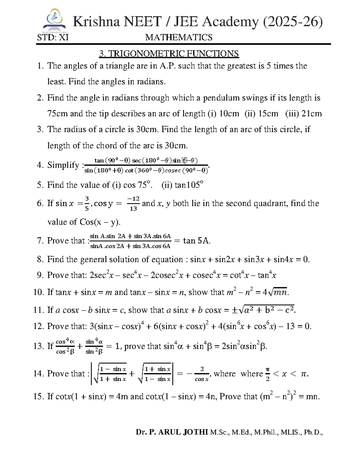 Trigonometric Functions (STD XI) - NEET JEE Academy 2025-2026 - Studocu