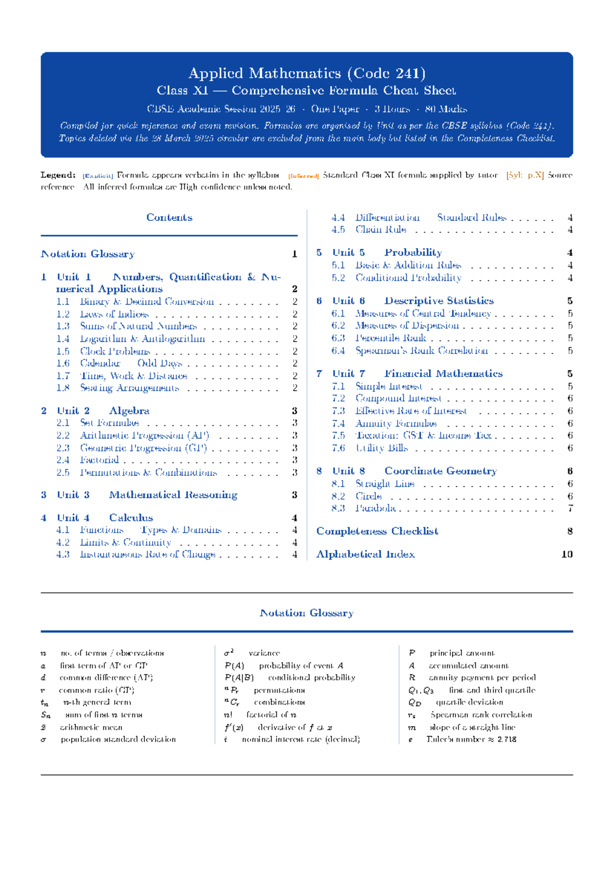 Applied Mathematics (Code 241) Class XI Formula Cheat Sheet - Studocu