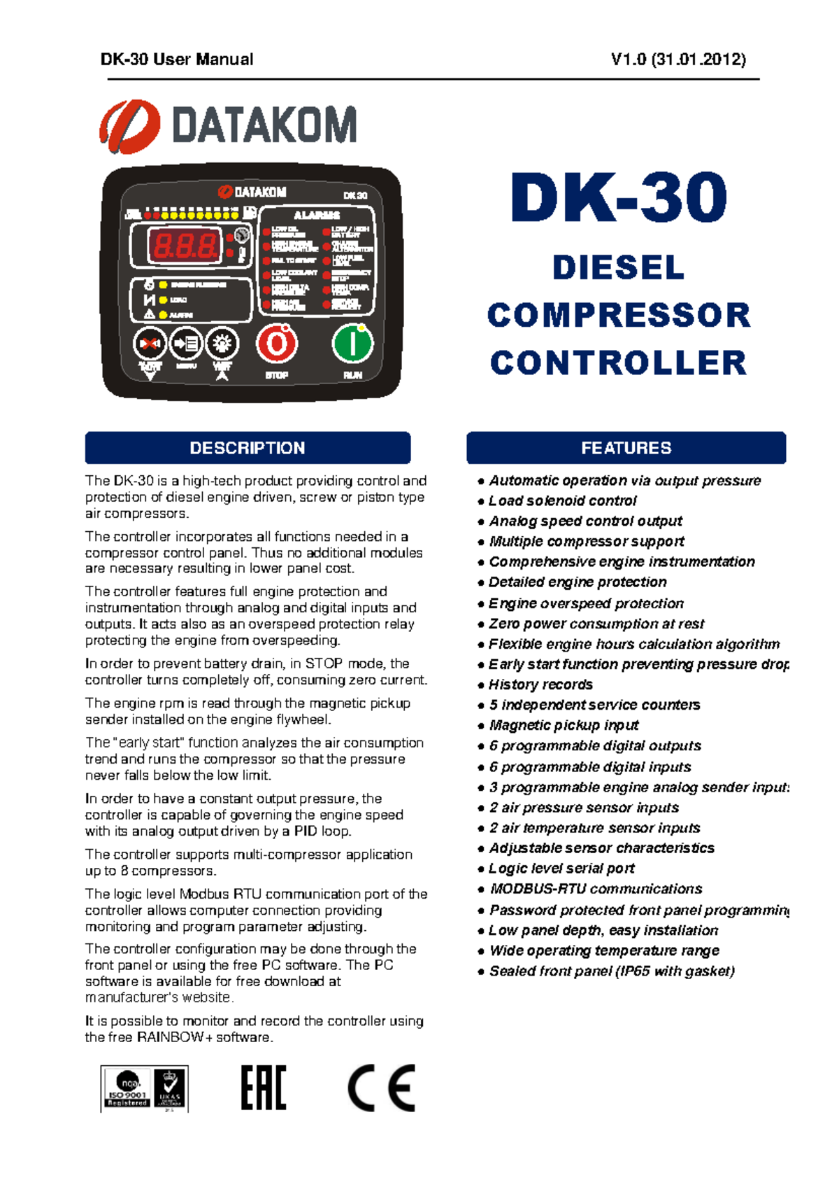 User Manual V1.0 for Diesel Compressor Controller (030) - Studocu