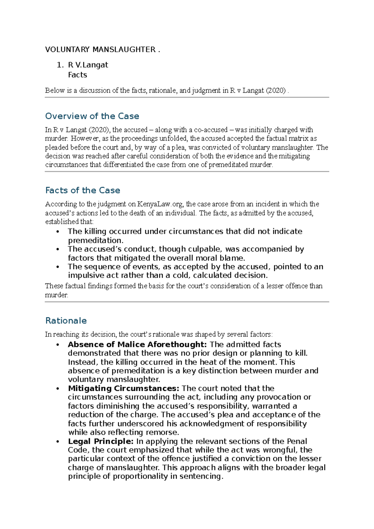 Voluntary manslaughter - VOLUNTARY MANSLAUGHTER. 1. R V Facts Below is ...