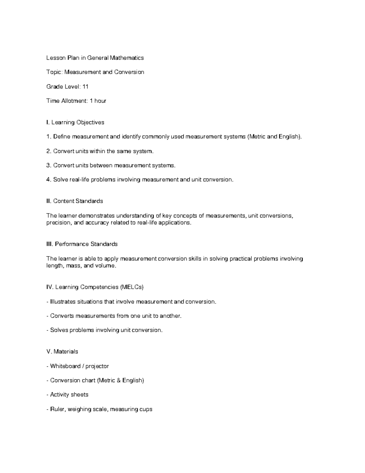 Lesson Plan: Measurement & Conversion in General Math (Grade 11) - Studocu