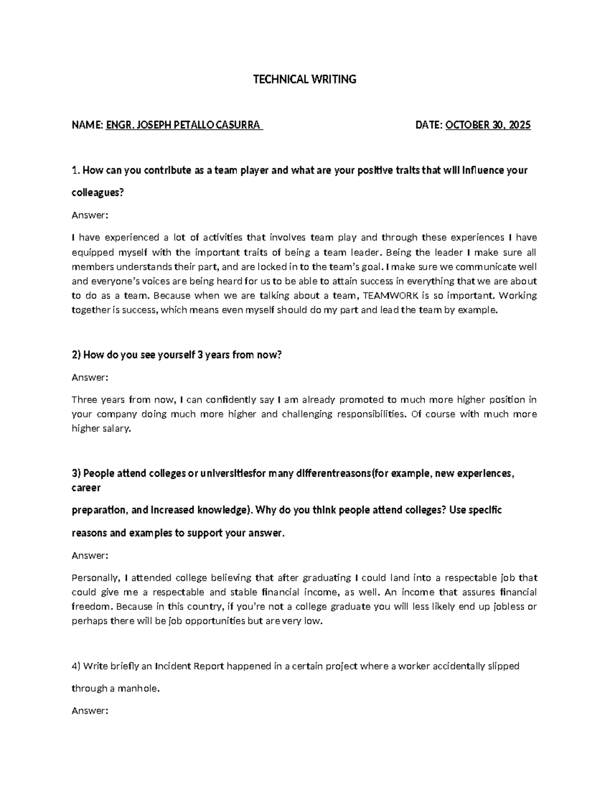 ENGR 101: Technical Writing - Teamwork, Future Goals & College Reasons ...