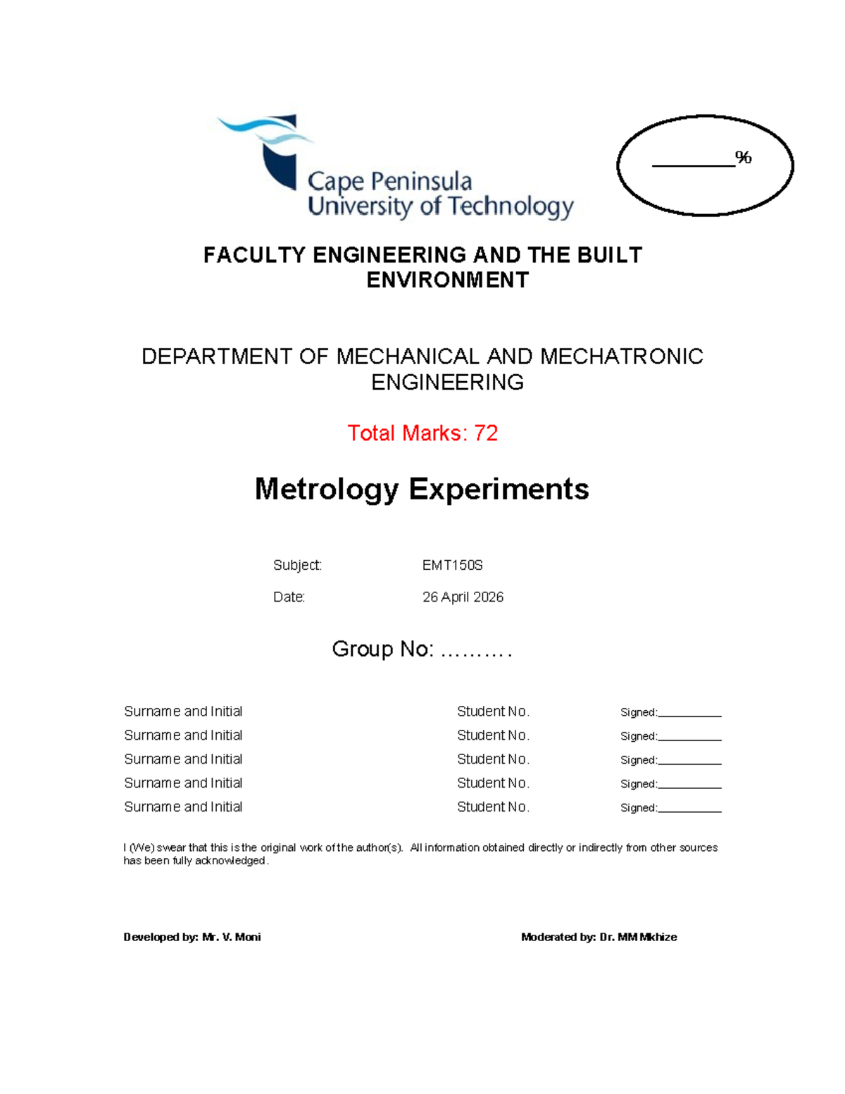 Metrology Experiments Report - EMT150S Lab Guide - Studocu