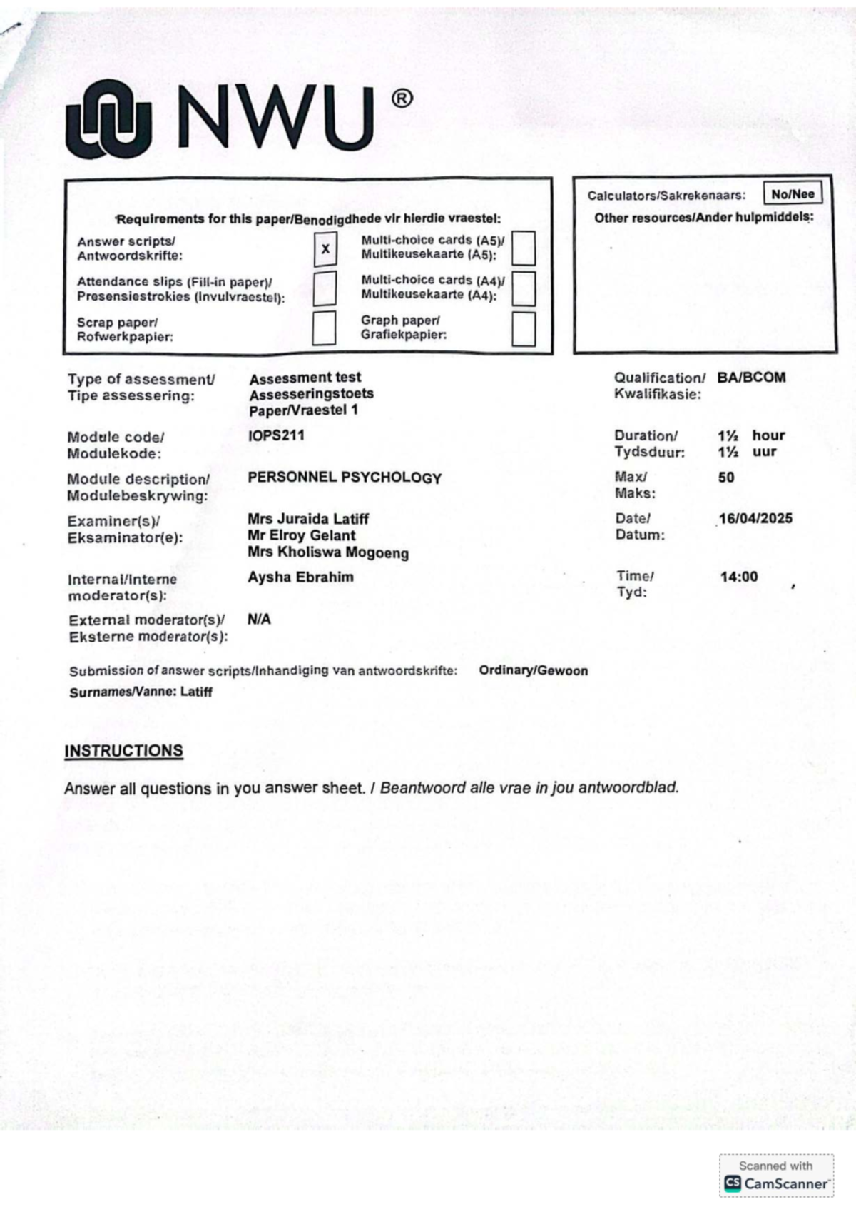 IOPS211 - Personnel Psychology Assessment Test Guidelines and Resources ...