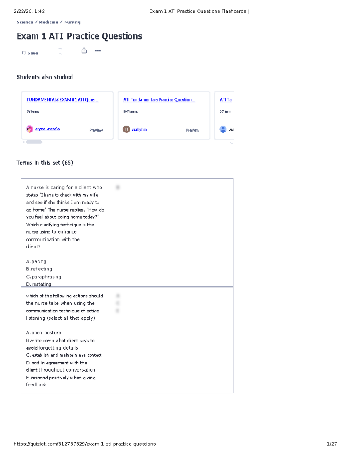 Exam 1 ATI Practice Questions for Nursing Students: Flashcards ...