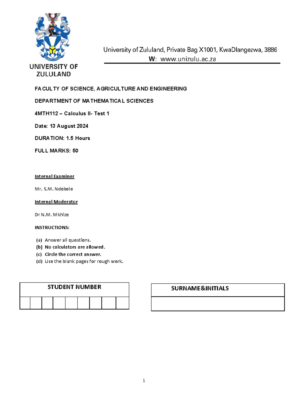 4MTH112 Calculus Test 1 - August 2024 - Studocu
