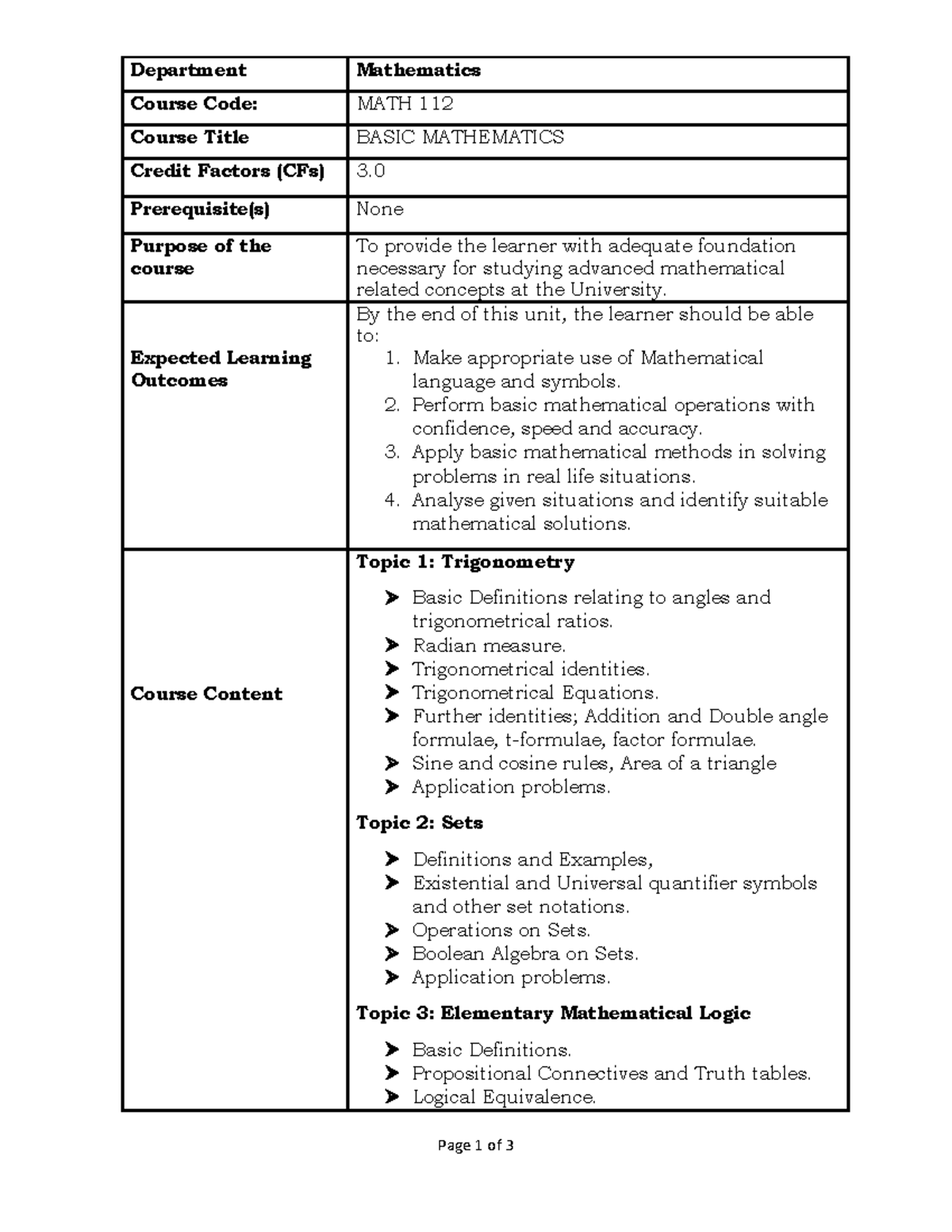 MATH 112 Basic Mathematics Course Outline and Learning Outcomes - Studocu
