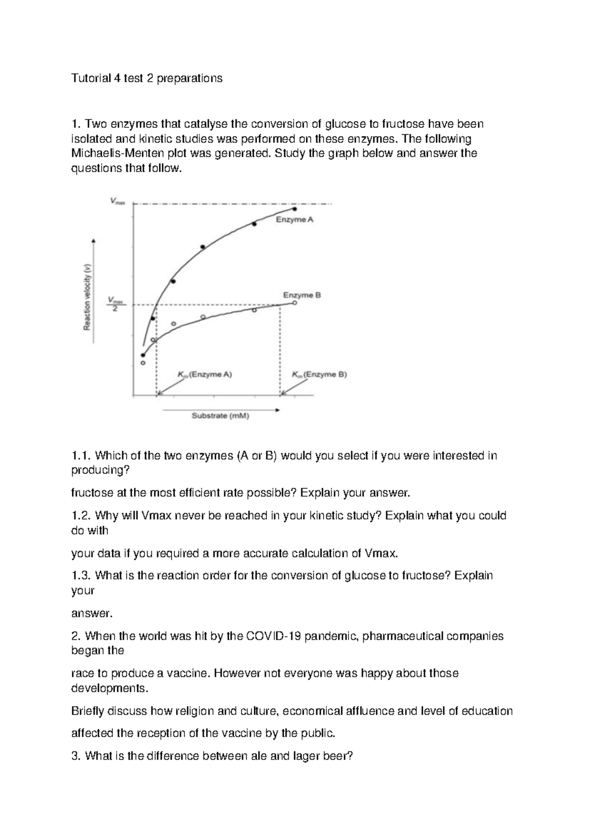 Tutorial 4: Test 2 Preparation on Enzyme Kinetics and Biotechnology ...