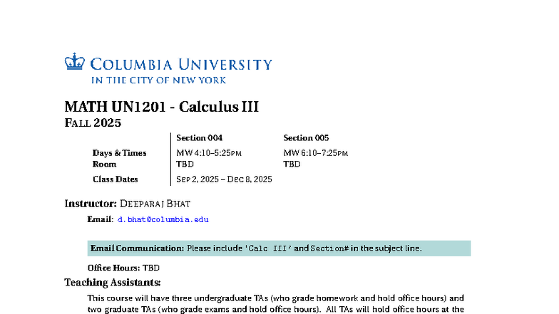 MATH UN1201 Calculus III Syllabus - Fall 2025 Overview - Studocu