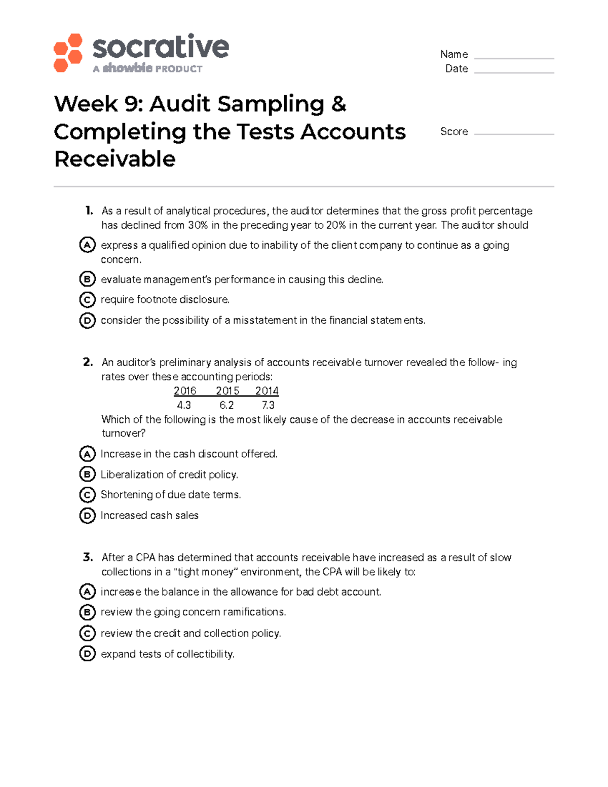 1734187987724 Week 9 Quiz: Audit Sampling & Accounts Receivable Tests ...
