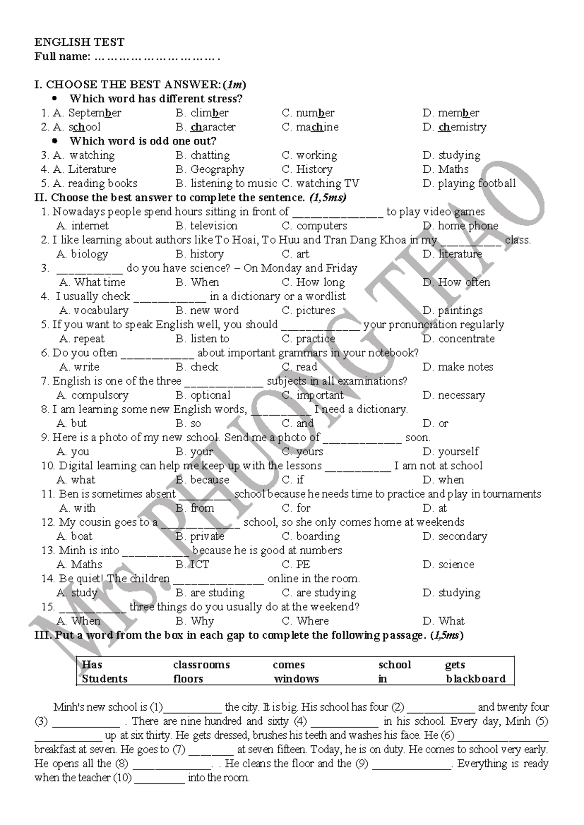 ENGLISH TEST: Multiple Choice & Fill-in-the-Blank Questions - Studocu