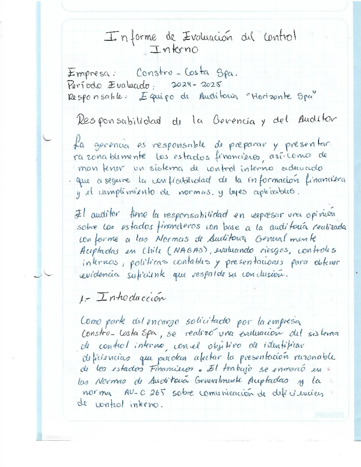 Evaluación Parcial 3 TRA5110: Informe de Auditoría del Control Interno ...