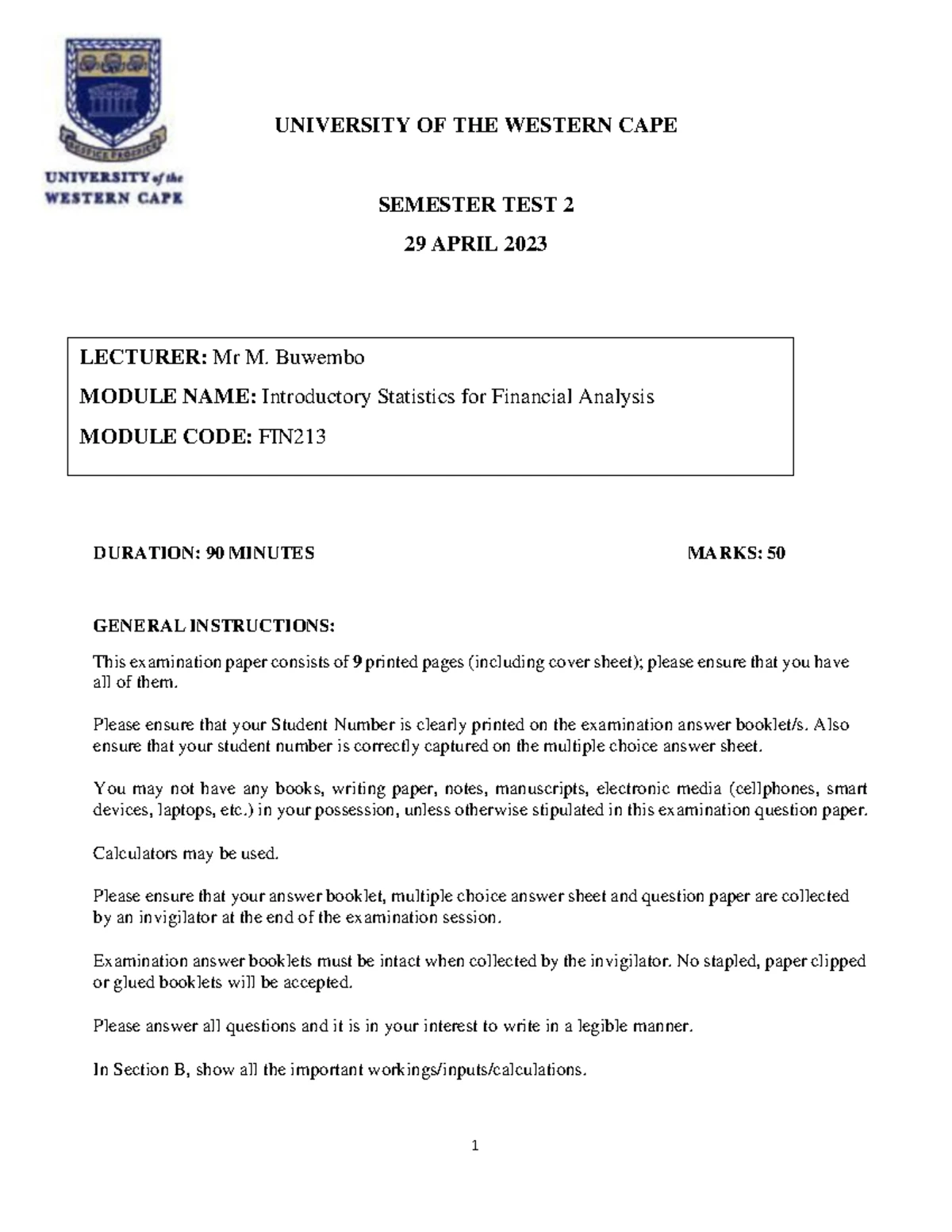 FIN213 - Solutions Memo for Semester Test 1 - April 11, 2024 - Studocu