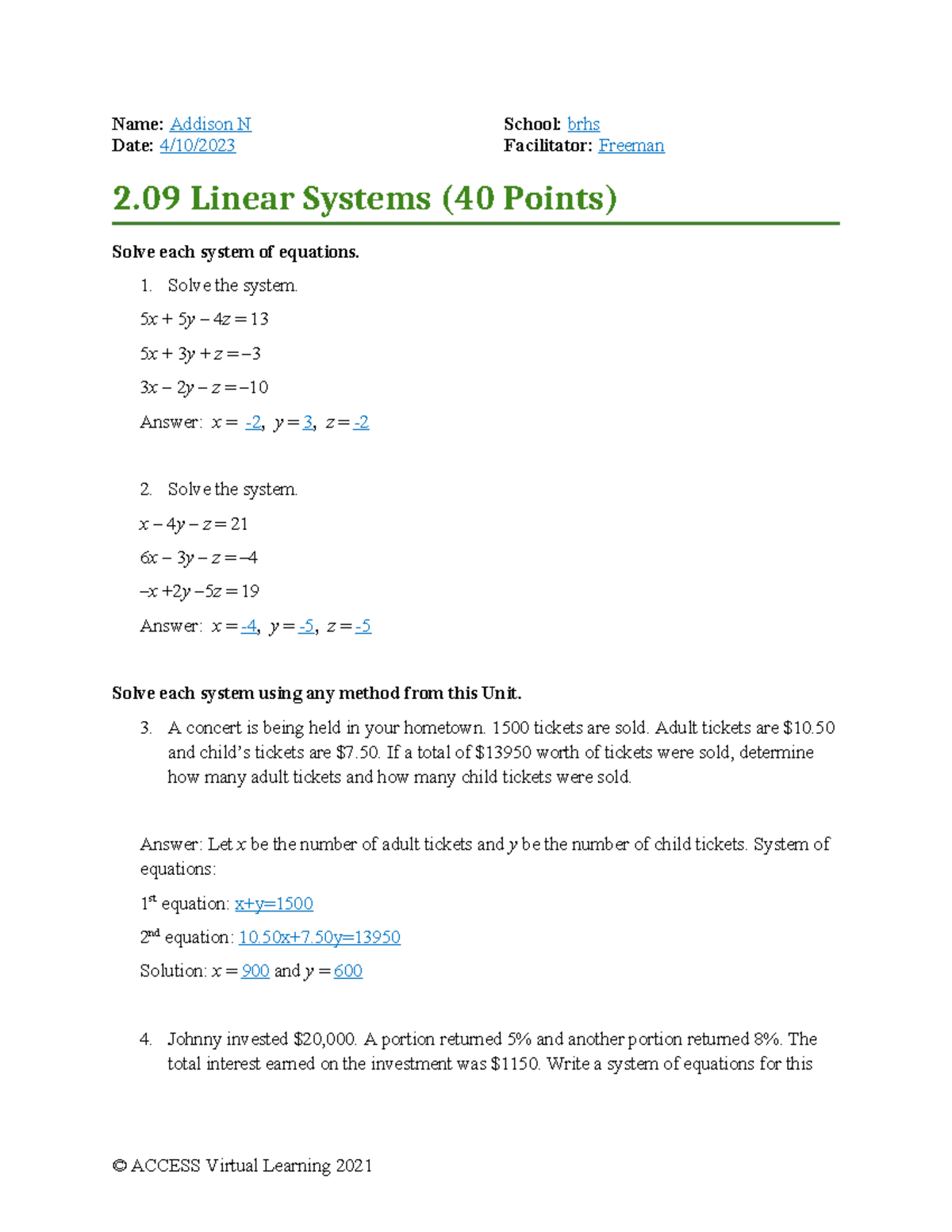 02-09 Linear Systems Task - Solving Equations and Applications - Studocu