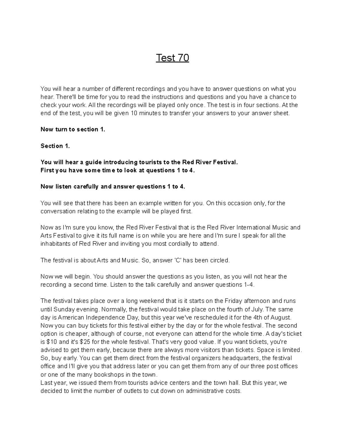 IELTS Listening Practice Test - Section 1 to 4, Test 70 - Studocu