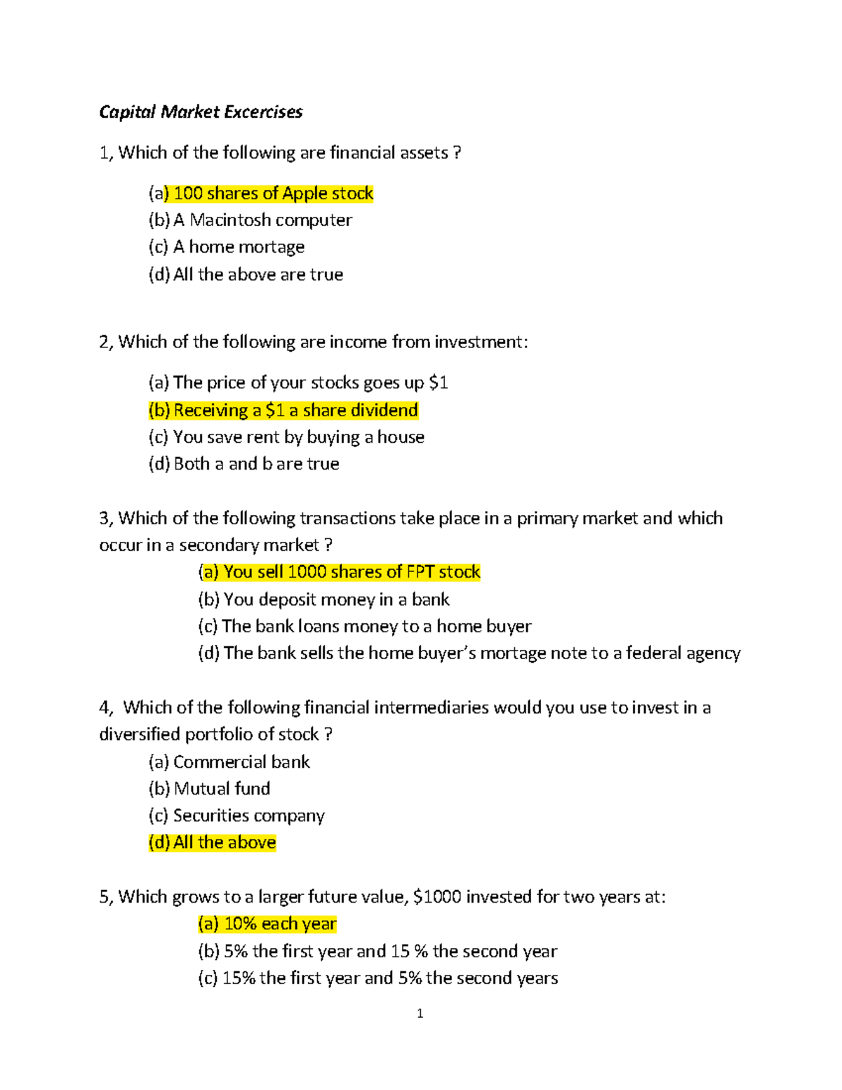Capital Market Exercises - Questions & Answers (2021) - Studocu
