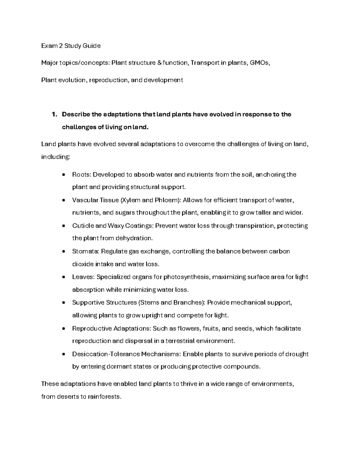 Exam 2 Study Guide: Plant Structure, Function, and GMOs - Studocu