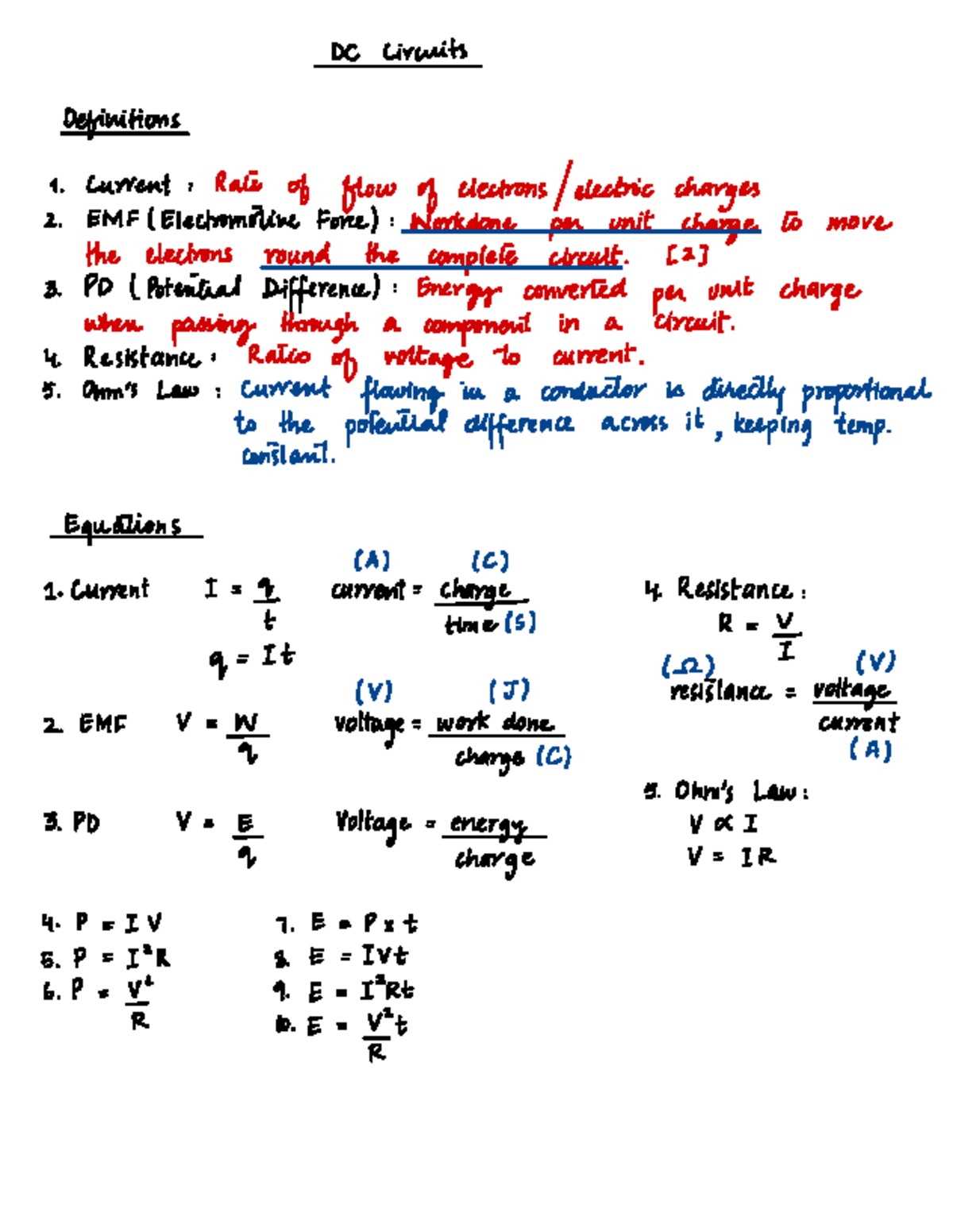 Day 5 DC Circuits - Physics 9702: Key Definitions and Laws - Studocu