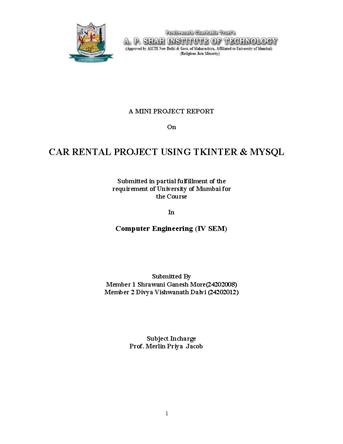 Mini Project Report: Car Rental System Using Tkinter & MySQL (CSL405 ...