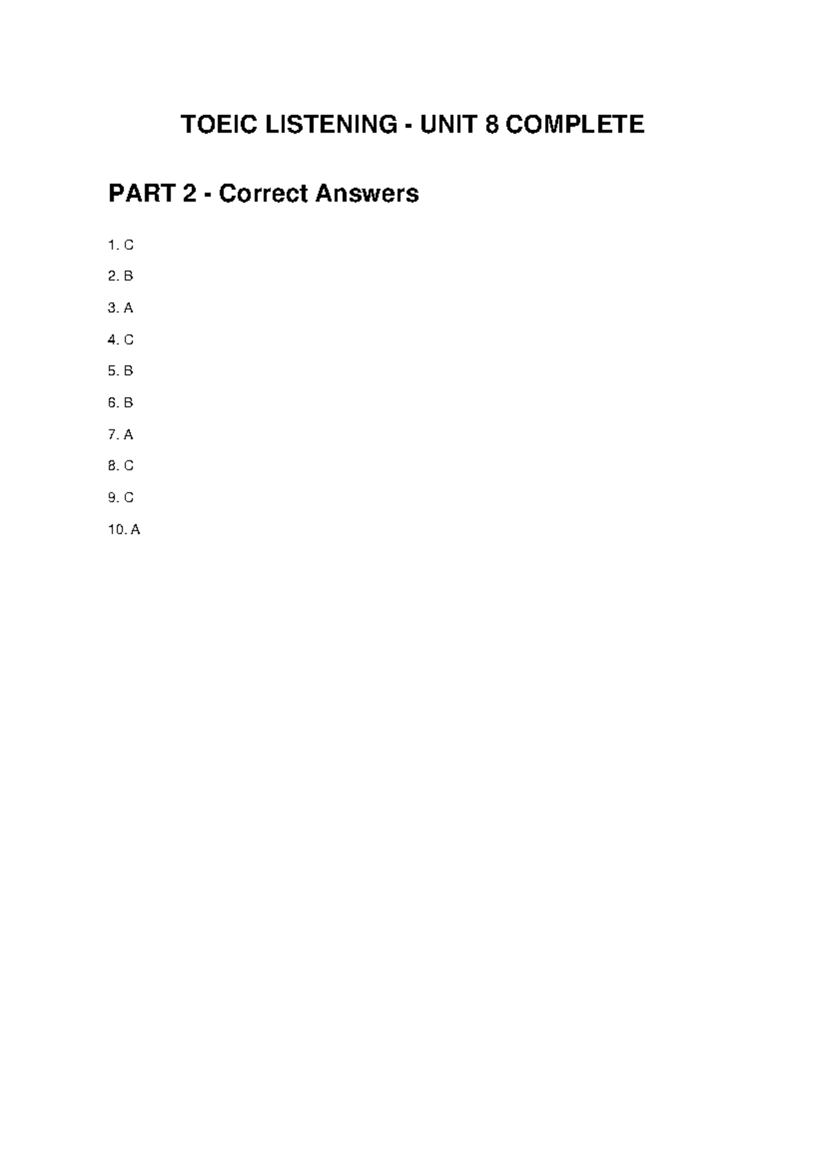 TOEIC Listening Unit 8 Complete Answers and Vocabulary Guide - Studocu