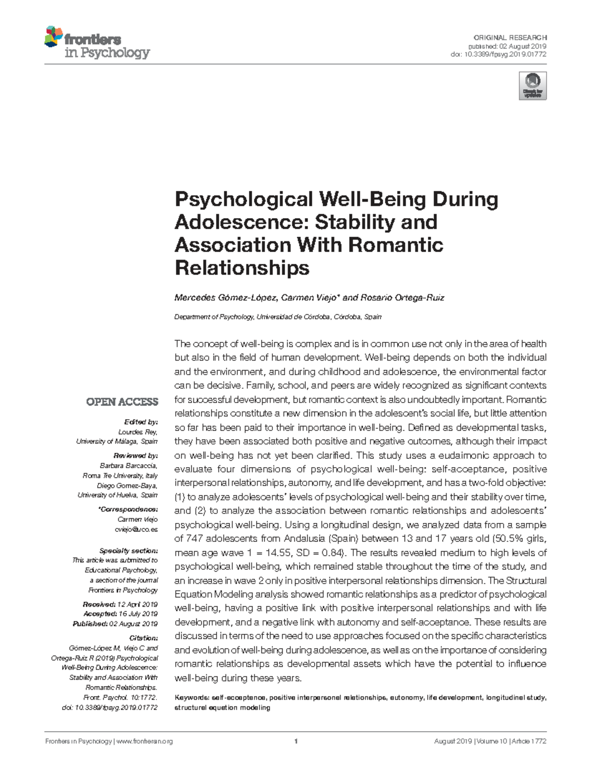 Psychological wellbeing and romantic relationships in adolescence: A ...