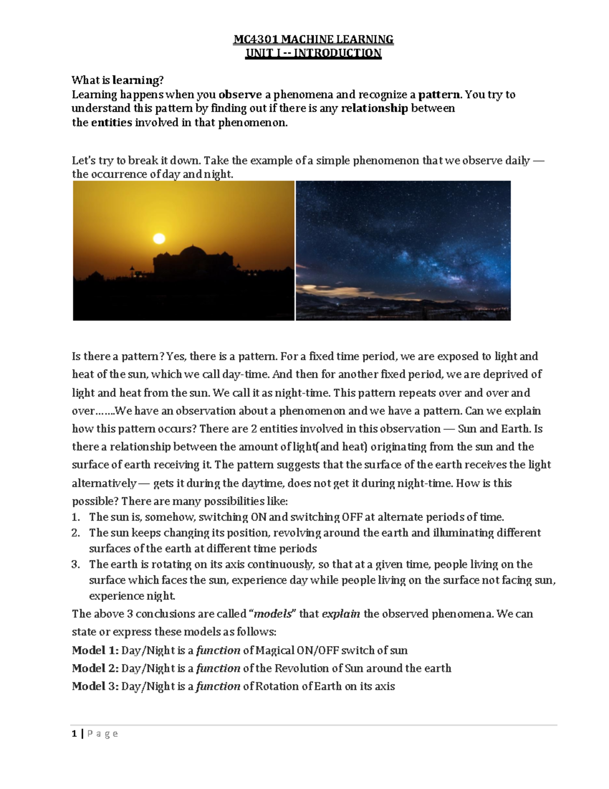 MC4301 Machine Learning Unit 1: Introductory Full Notes Overview - Studocu