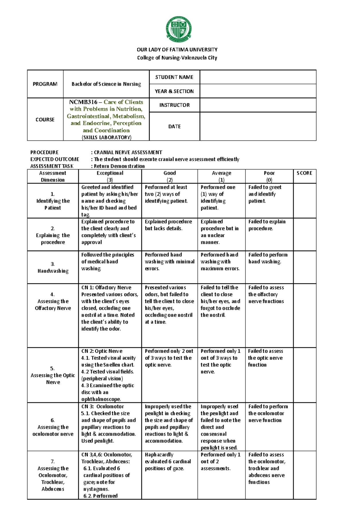 NCMB316 Final Exam: Assessing Cranial Nerve Functions in Nursing - Studocu