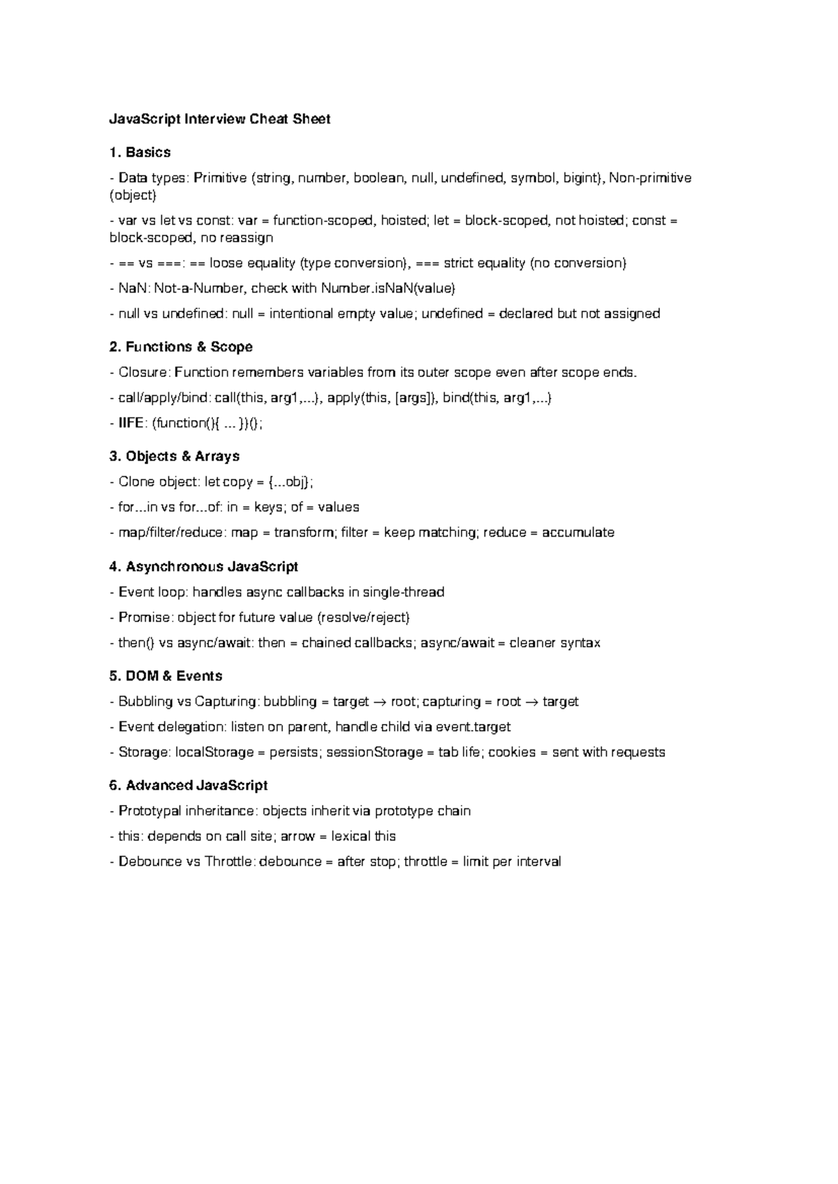 JavaScript Interview Cheat Sheet: Key Concepts & Techniques - Studocu
