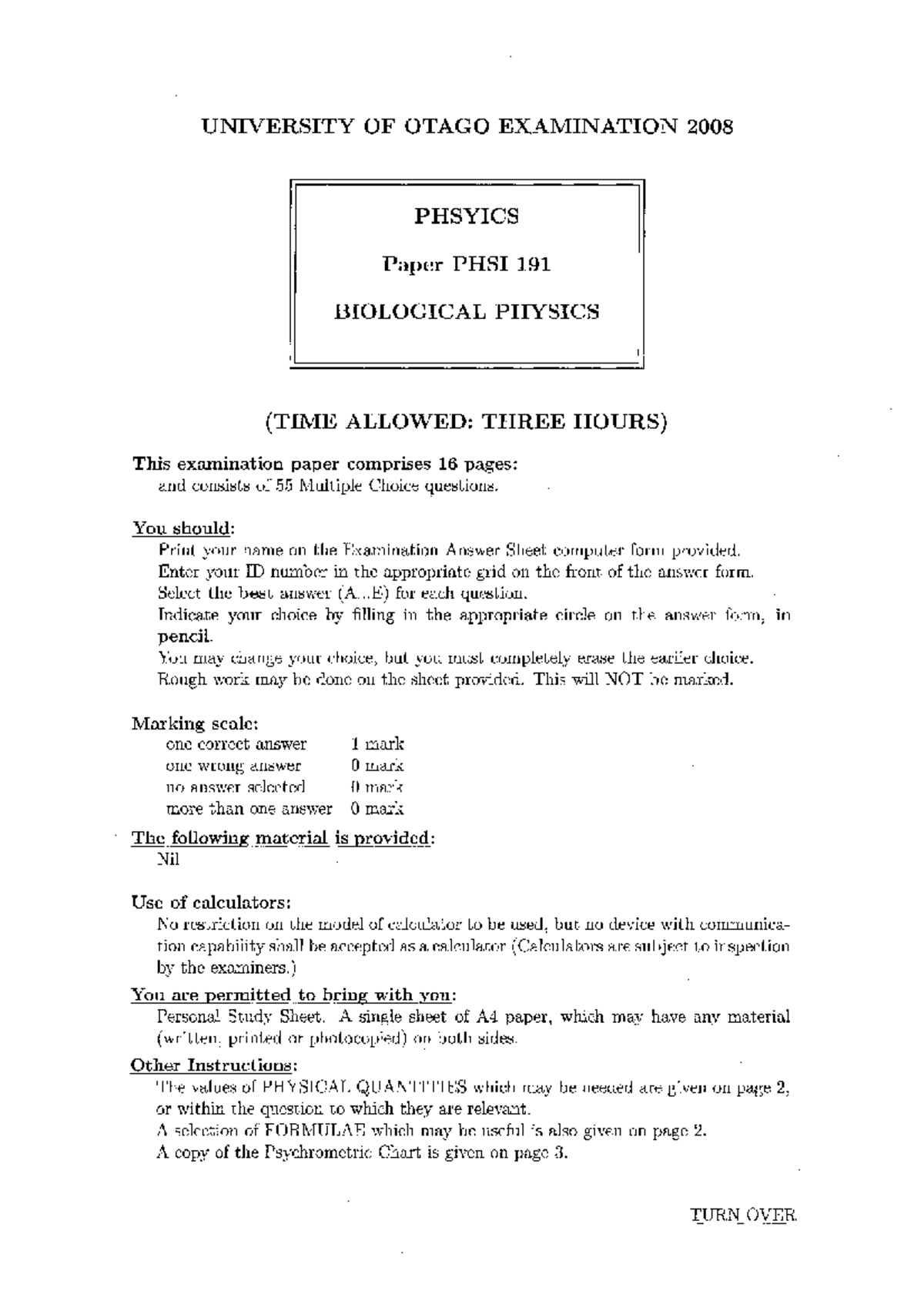 PHSI 191 2008 Final Exam - Biological Physics Questions and Answers ...