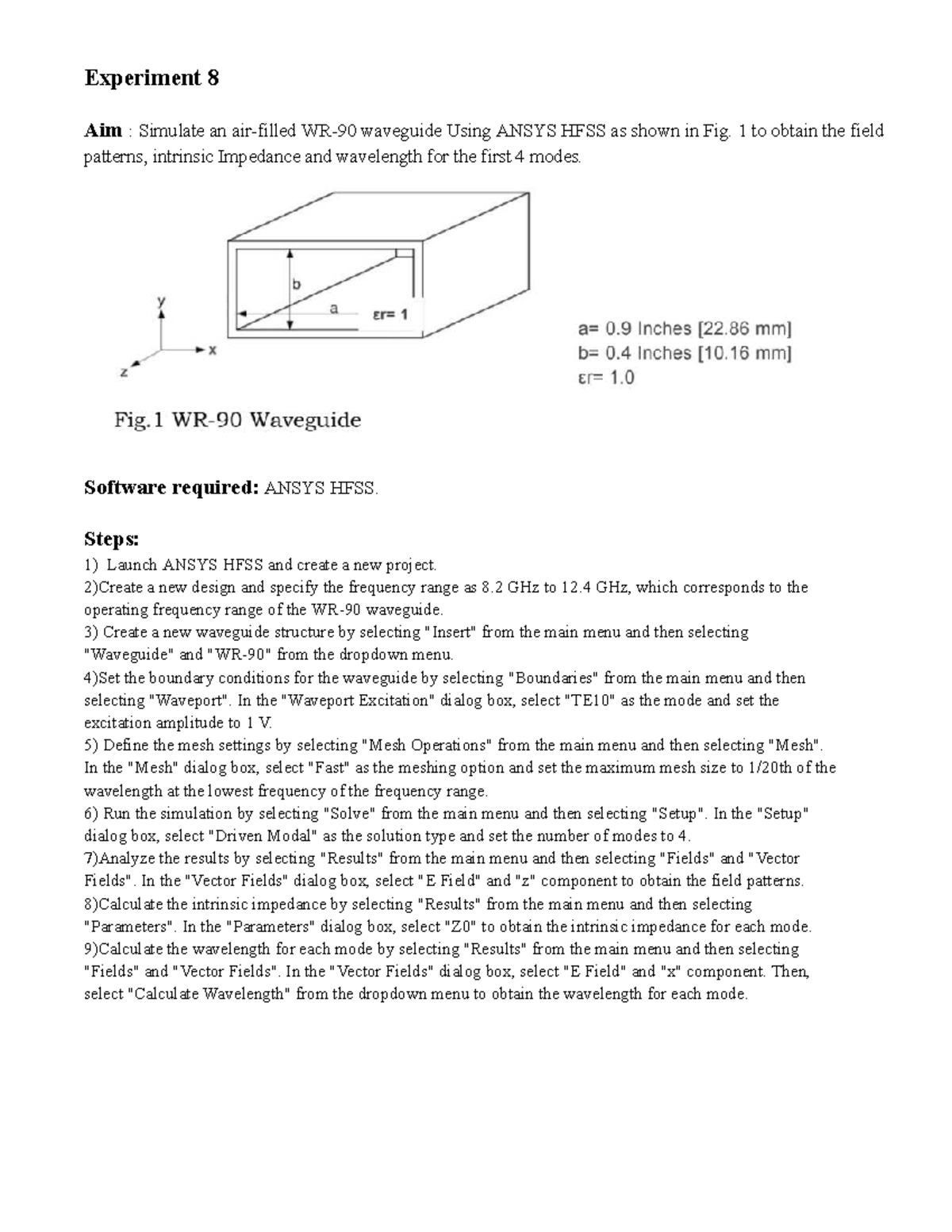 Experiment 8: Waveguide Simulation Using ANSYS HFSS - Studocu
