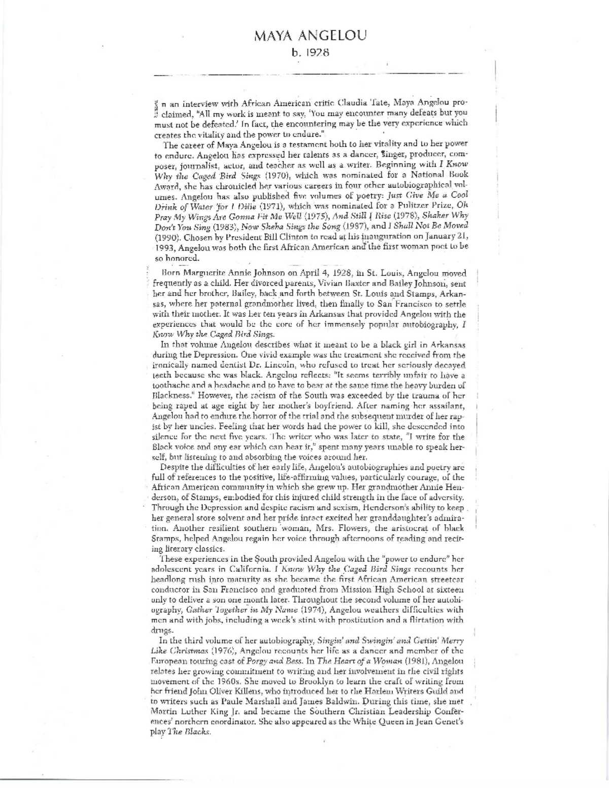 African American Literature Notes: Maya Angelou & Her Poetry - Studocu