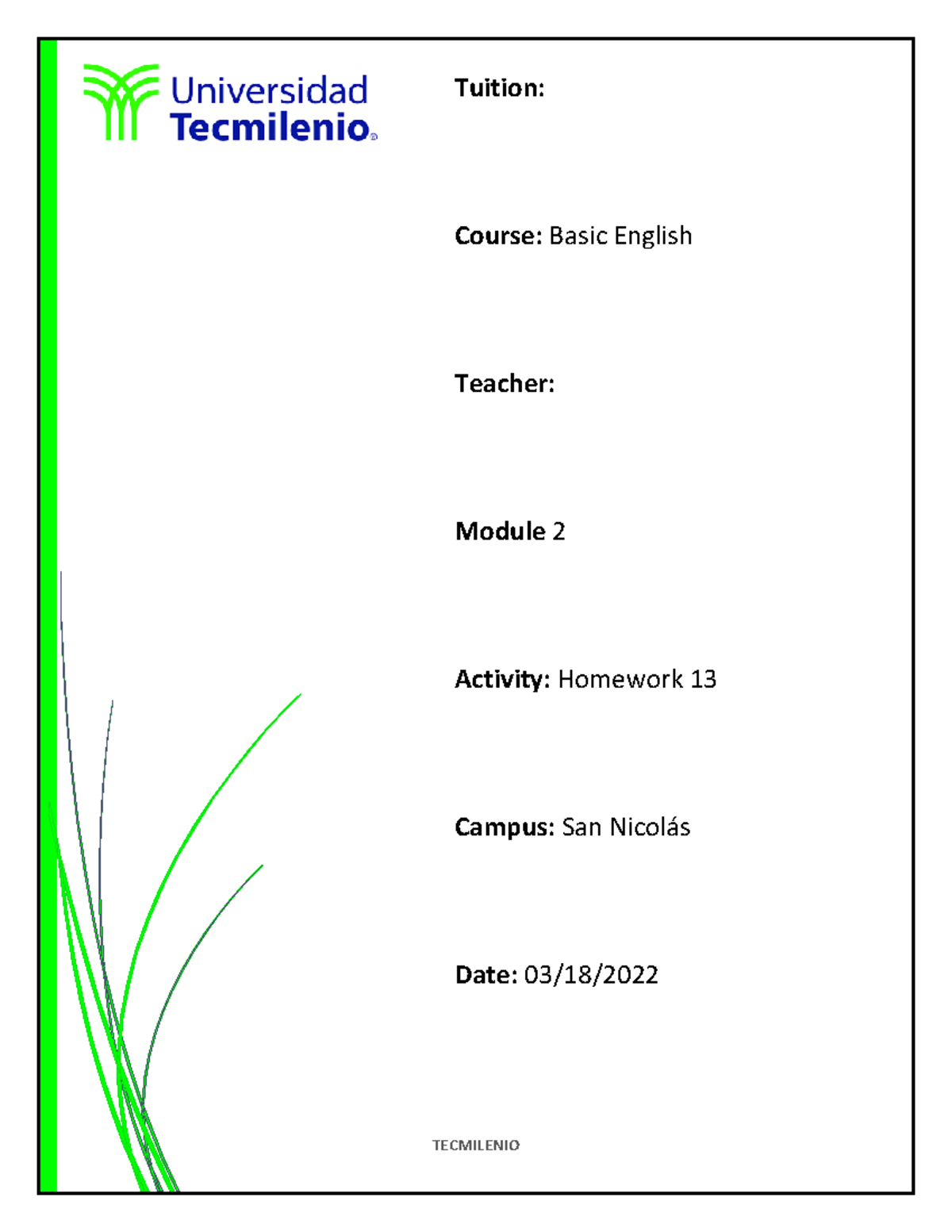 Homework 12 Tecmilenio Inglés Básico - Tuition: Course: Basic English ...