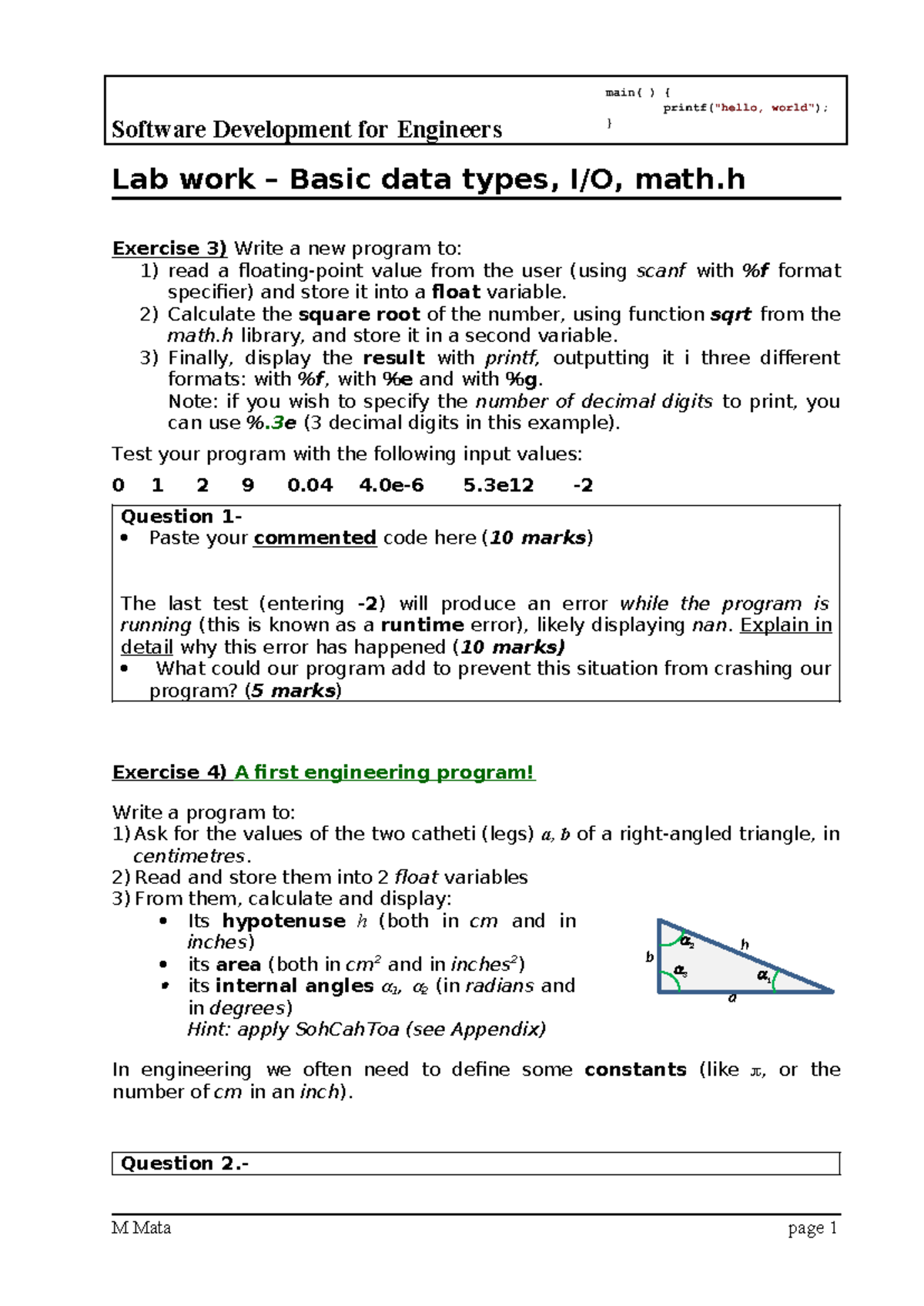 Lab 1 & 2 Solutions: Software Dev for Engineers (M2G620493) - Studocu
