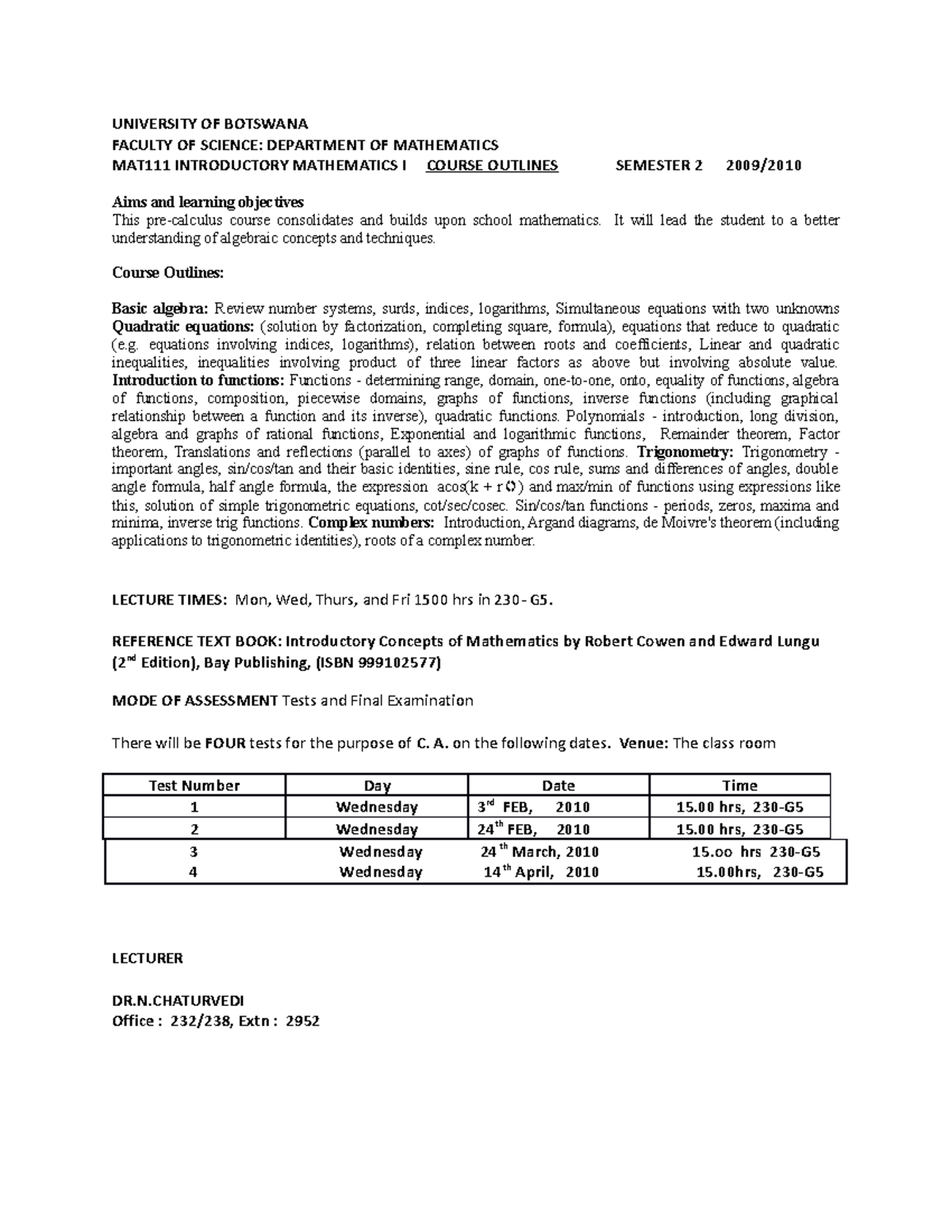 MATH111 Introductory Mathematics I Course Outline for Semester 2 - Studocu