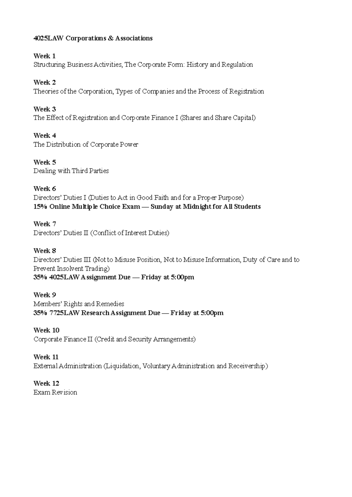 4025LAW Corporations & Associations Weekly Notes: Weeks 1-12 Overview ...