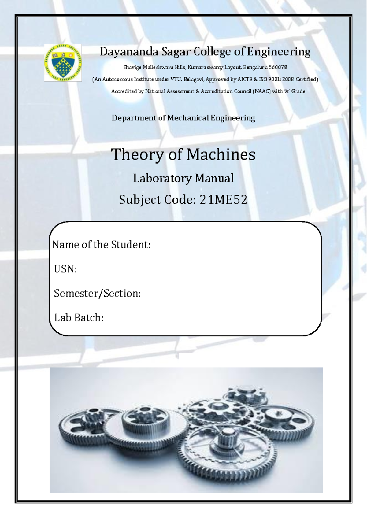 TOM Lab Manual - 21ME52: Theory of Machines Overview and Exercises ...