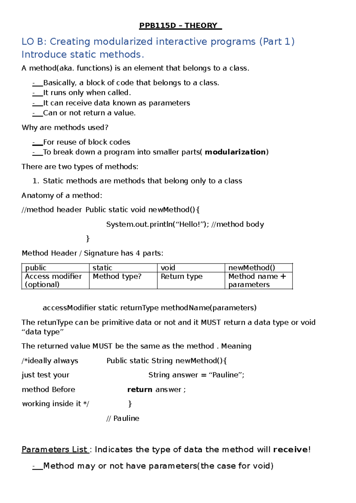 PPB115D Theory LO B: Intro to Static Methods in Modularization - Studocu